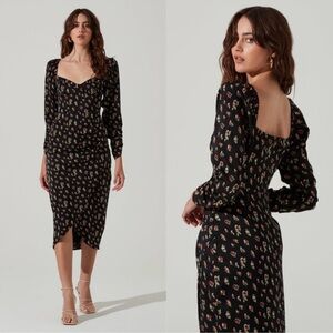 EUC ASTR The Label Black Floral Long Sleeve Midi Faux Wrap Dress!